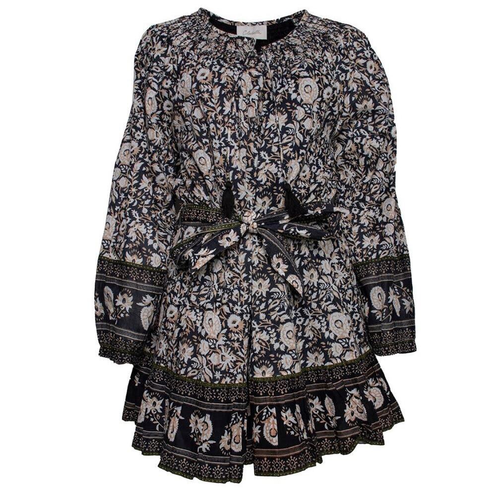 Cleobella Black Floral Mini Dress with Cream Accents